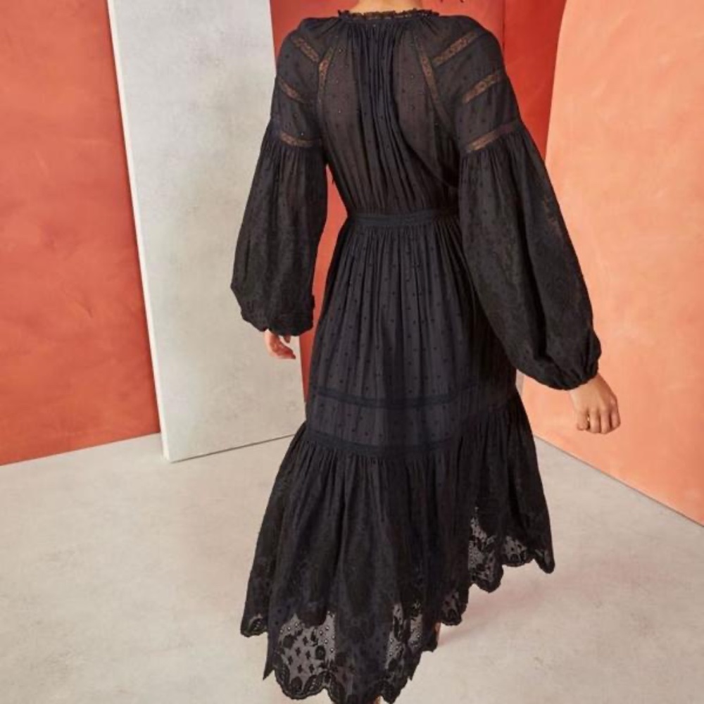 Ulla Johnson Size 6 Black Long Sleeve Eyelet Embroidered Lace Trim Midi Dress - Picture 12 of 13
